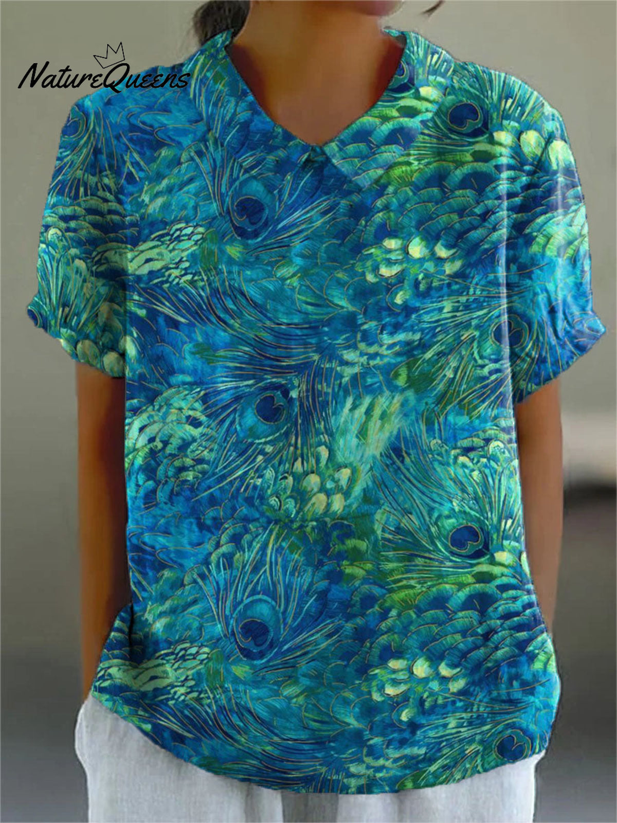 Women's Peacock Feather Pattern Art Print Casual Cotton And Linen Shirt