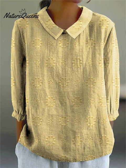Women's Vintage Floral Art Print Casual Cotton And Linen 3/4 Sleeve Shirt