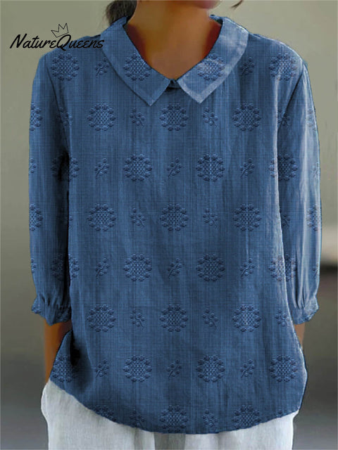 Women's Vintage Floral Art Print Casual Cotton And Linen 3/4 Sleeve Shirt