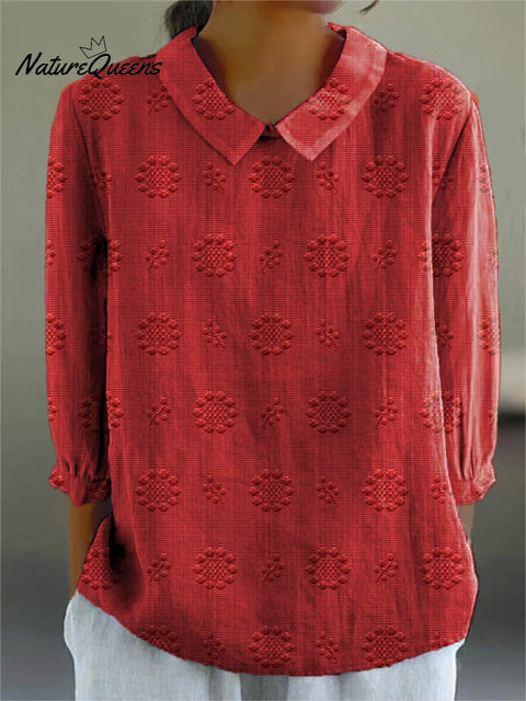 Women's Vintage Floral Art Print Casual Cotton And Linen 3/4 Sleeve Shirt