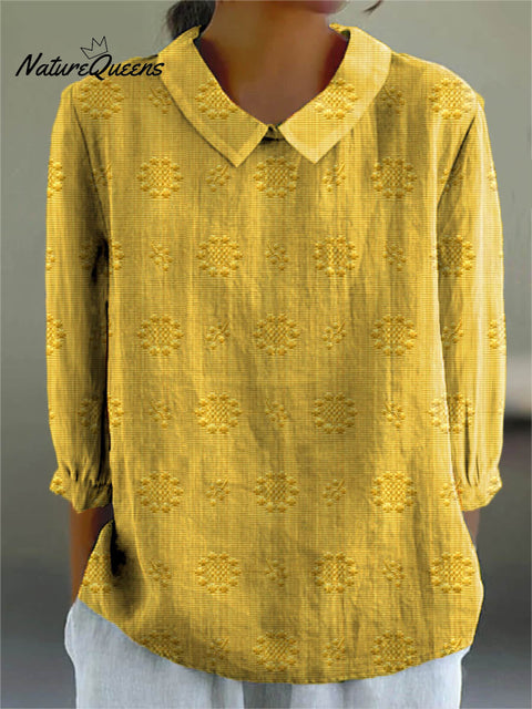 Women's Vintage Floral Art Print Casual Cotton And Linen 3/4 Sleeve Shirt