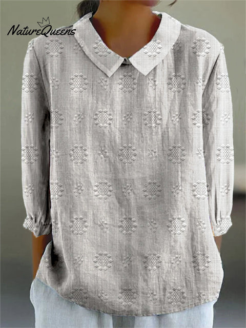 Women's Vintage Floral Art Print Casual Cotton And Linen 3/4 Sleeve Shirt