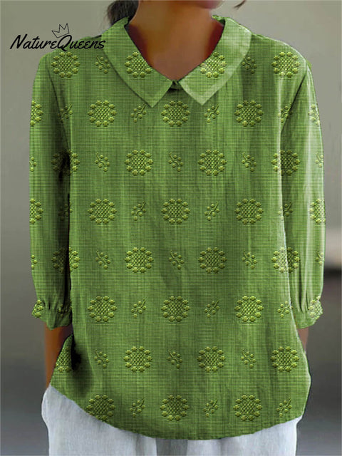 Women's Vintage Floral Art Print Casual Cotton And Linen 3/4 Sleeve Shirt
