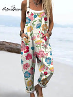 Women's Lovely Floral Art Print Casual 100% Cotton Wide Leg Jumpsuit