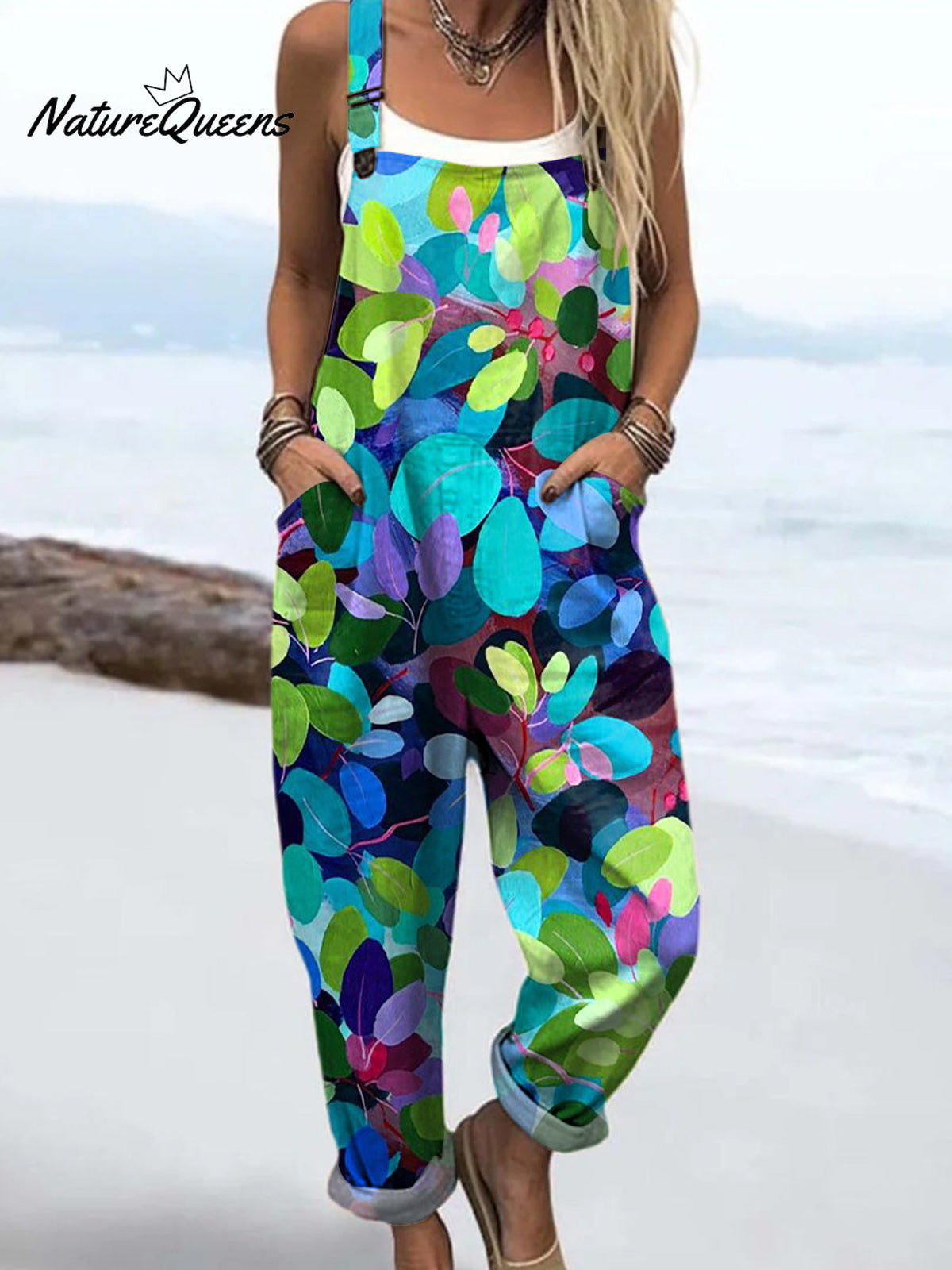 Women's Lovely Floral Art Print Casual 100% Cotton Wide Leg Jumpsuit