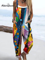 Women's Abstract Pattern Art Print Casual 100% Cotton Wide Leg Jumpsuit