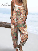 Women's Lovely Floral Art Print Casual 100% Cotton Wide Leg Jumpsuit