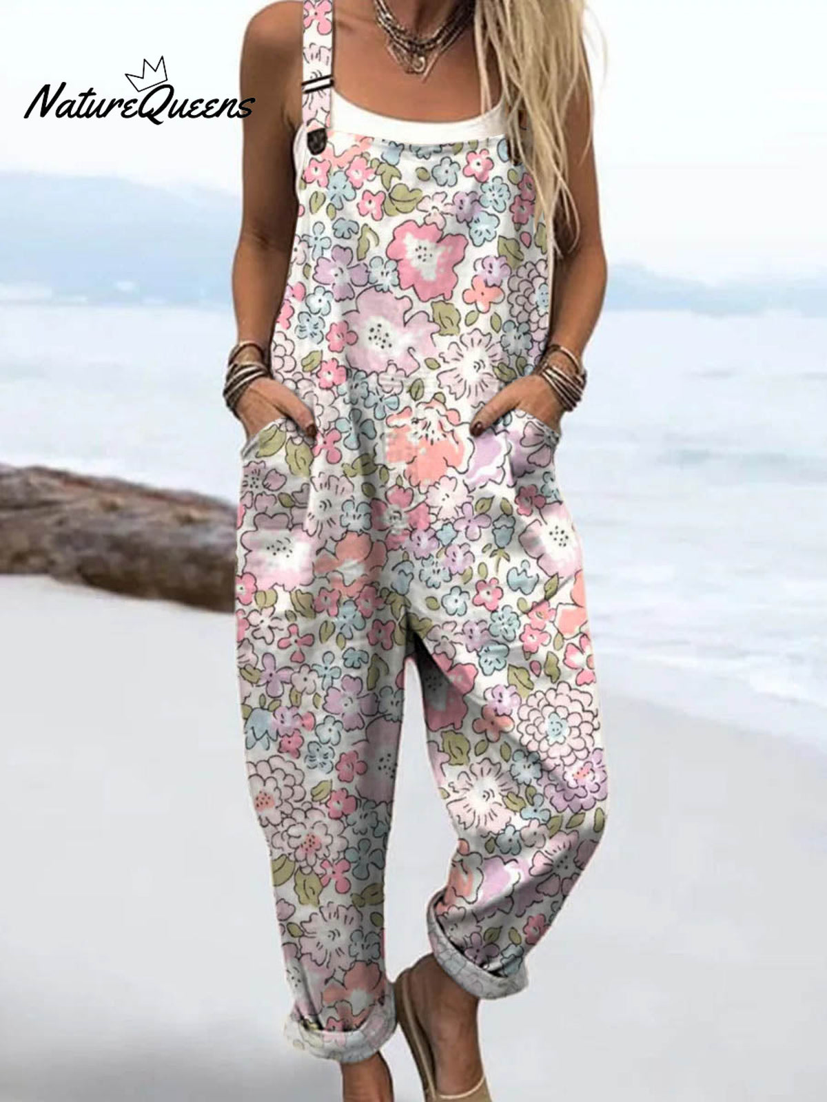 Women's Lovely Floral Art Print Casual 100% Cotton Wide Leg Jumpsuit