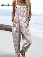 Women's Lovely Floral Art Print Casual 100% Cotton Wide Leg Jumpsuit