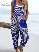 Women's Abstract Geometric Pattern Art Print Casual 100% Cotton Wide Leg Jumpsuit