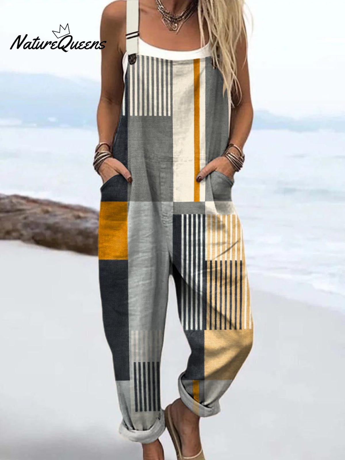 Women's Abstract Geometric Pattern Art Print Casual 100% Cotton Wide Leg Jumpsuit