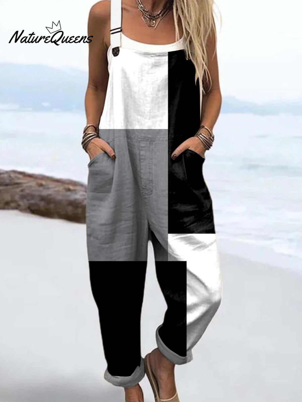 Women's Abstract Geometric Pattern Art Print Casual 100% Cotton Wide Leg Jumpsuit