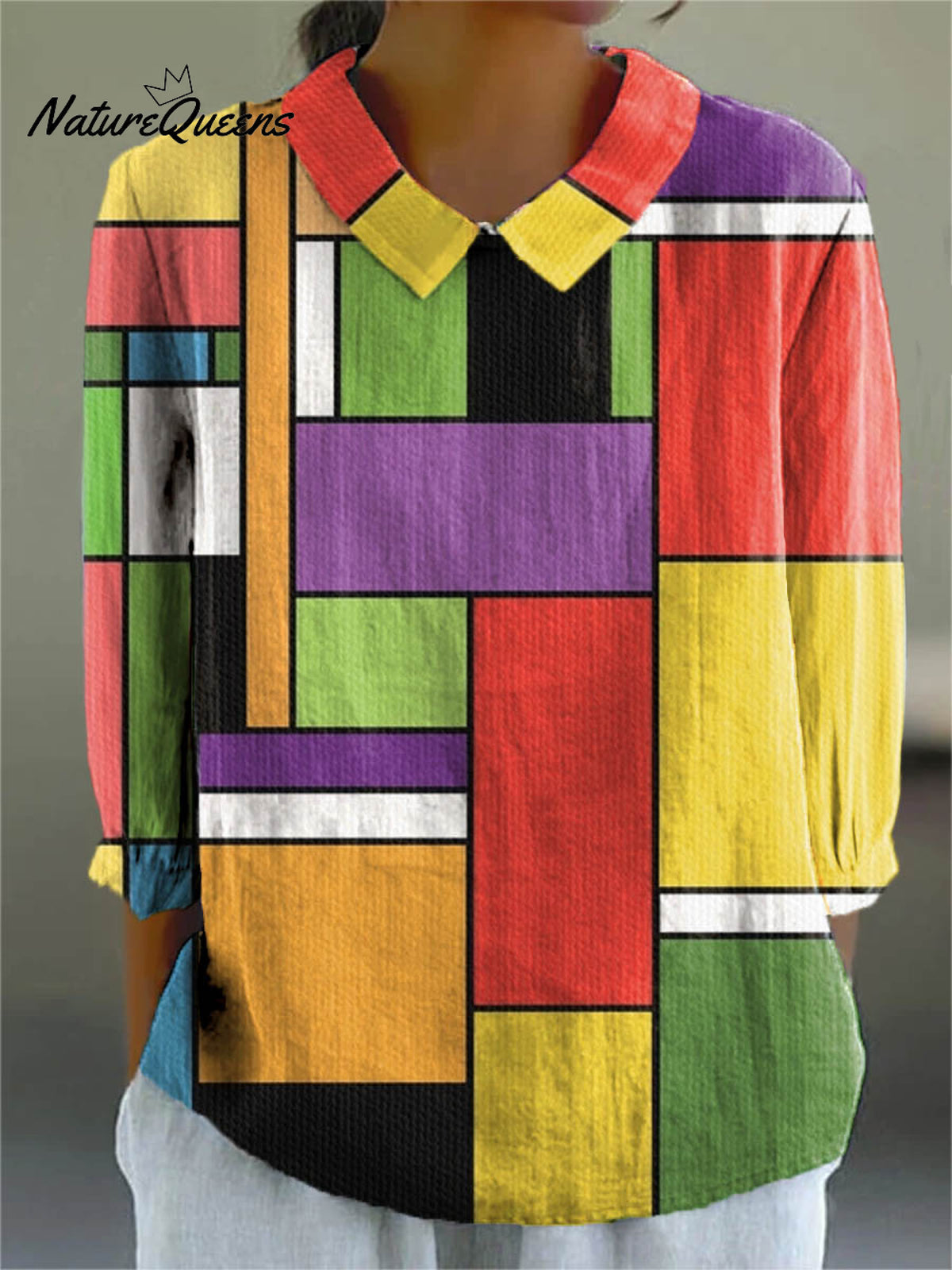 Women's Abstract Geometric Pattern Art Print Casual Cotton And Linen 3/4 Sleeve Shirt