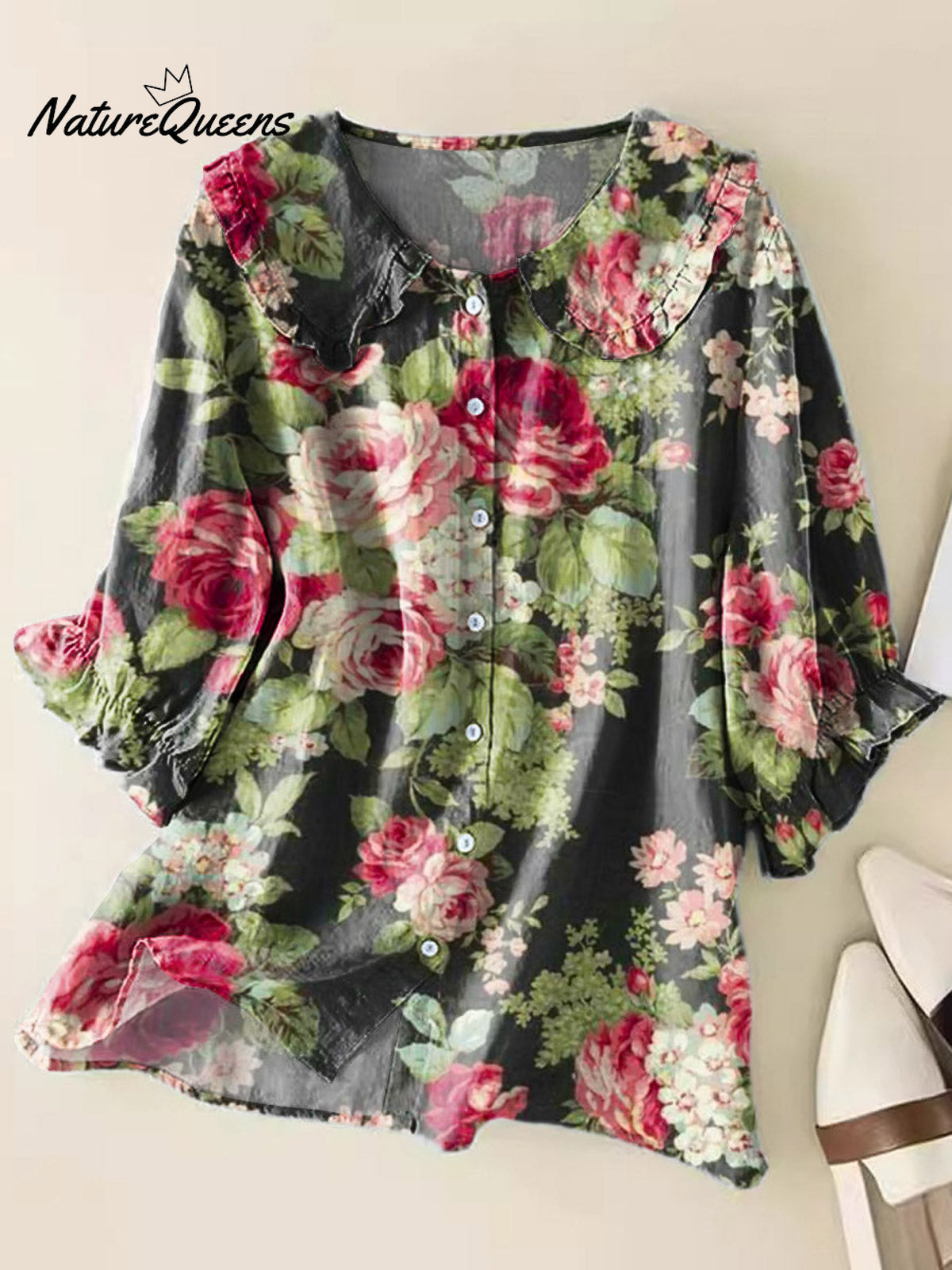 Women's Lovely Floral Art Print Casual Peter Pan Collar Cotton Shirt