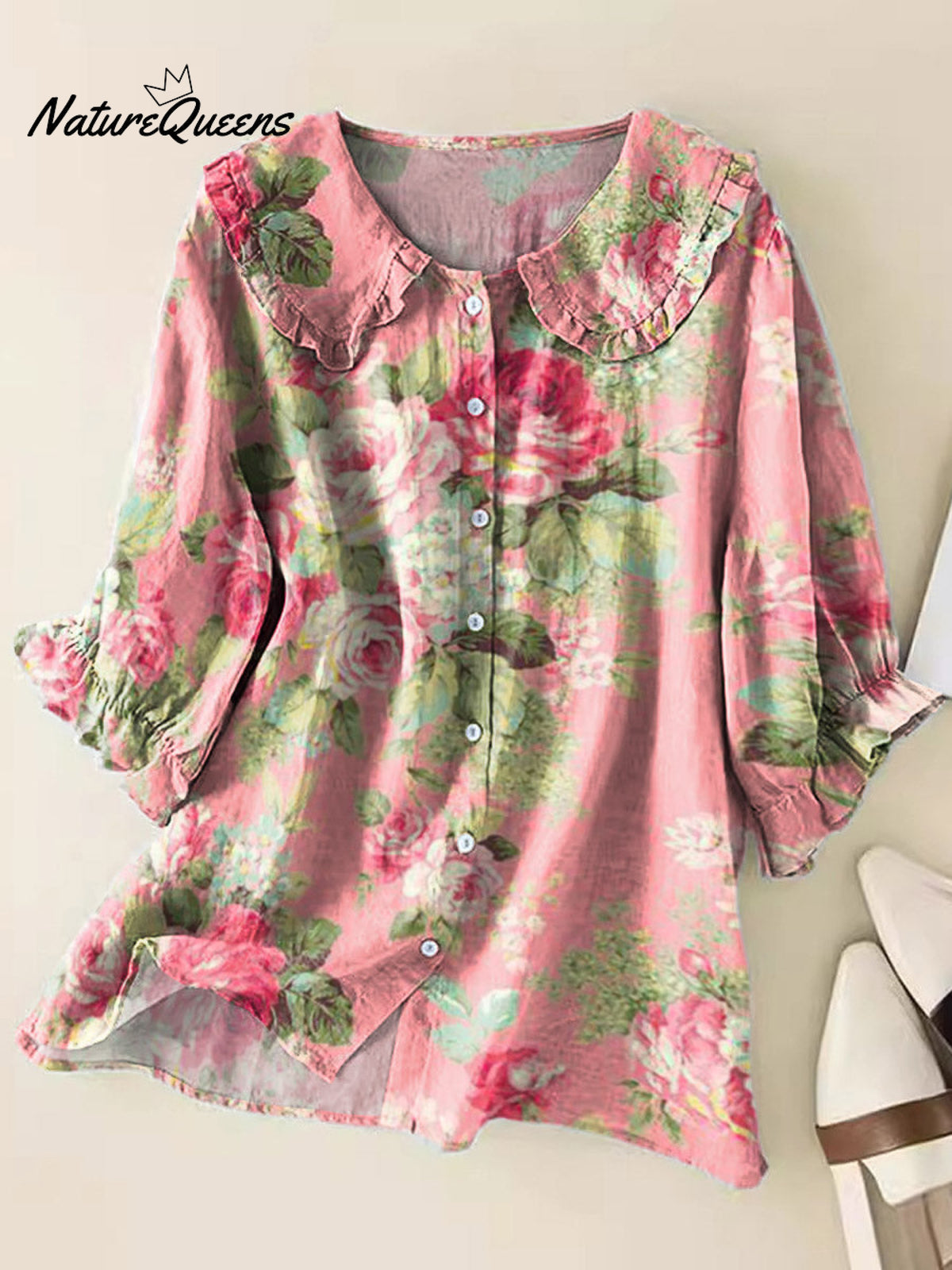 Women's Lovely Floral Art Print Casual Peter Pan Collar Cotton Shirt
