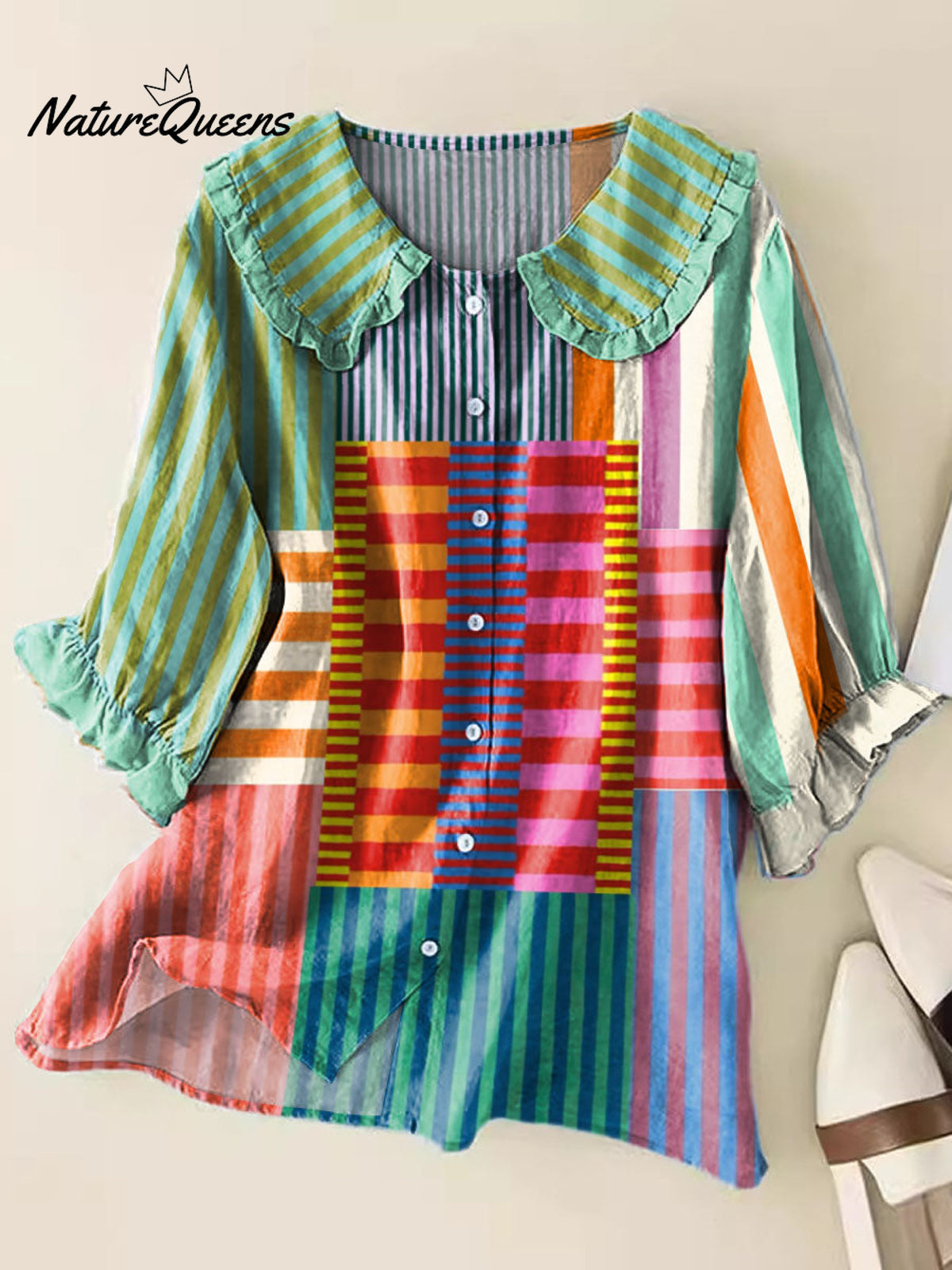 Women's Geometric Pattern Art Print Casual Peter Pan Collar Cotton Shirt