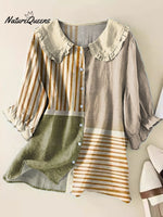 Women's Geometric Line Pattern Art Print Casual Peter Pan Collar Cotton Shirt