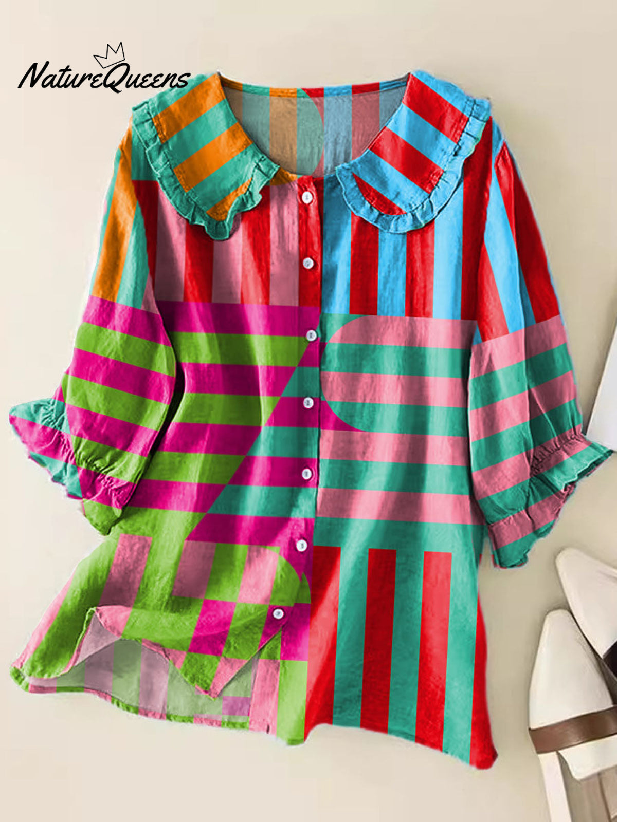 Women's Geometric Pattern Art Print Casual Peter Pan Collar Cotton Shirt