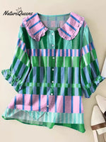 Women's Geometric Pattern Art Print Casual Peter Pan Collar Cotton Shirt