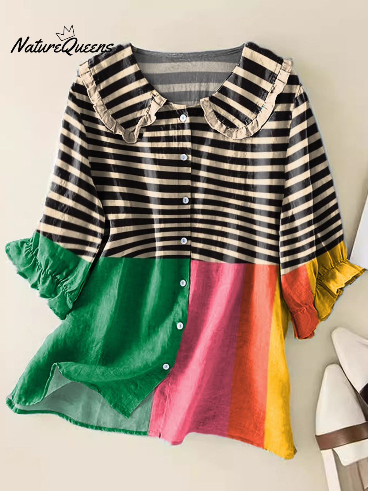 Women's Geometric Line Pattern Art Print Casual Peter Pan Collar Cotton Shirt