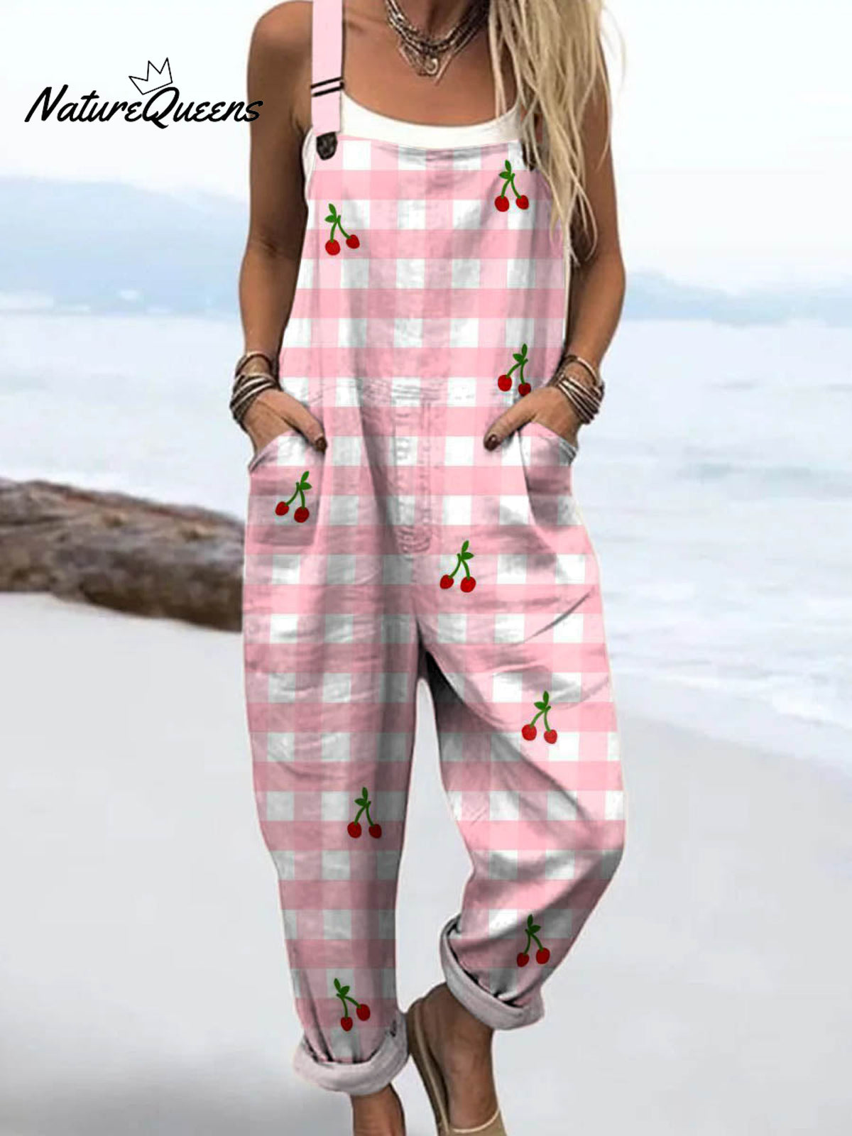 Women's Lovely Cherry Plaid Pattern Art Print Casual 100% Cotton Wide Leg Jumpsuit