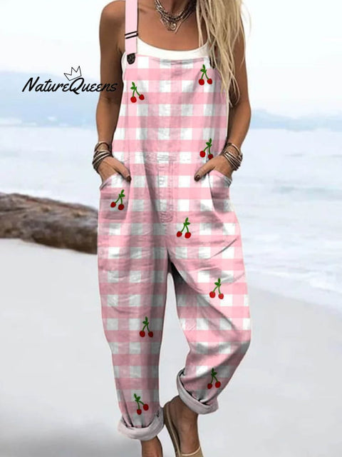 Women's Lovely Cherry Plaid Pattern Art Print Casual 100% Cotton Wide Leg Jumpsuit