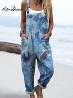 Women's Abstract Patchwork Pattern Art Print Casual 100% Cotton Wide Leg Jumpsuit
