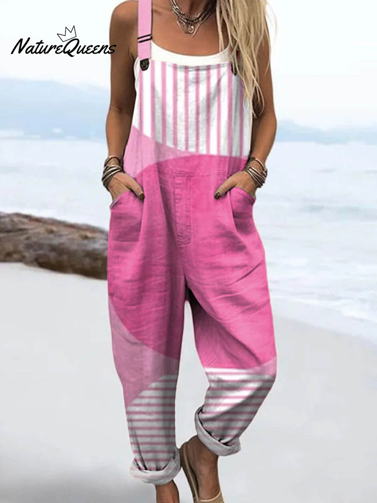 Women's Abstract Geometric Pattern Art Print Casual 100% Cotton Wide Leg Jumpsuit