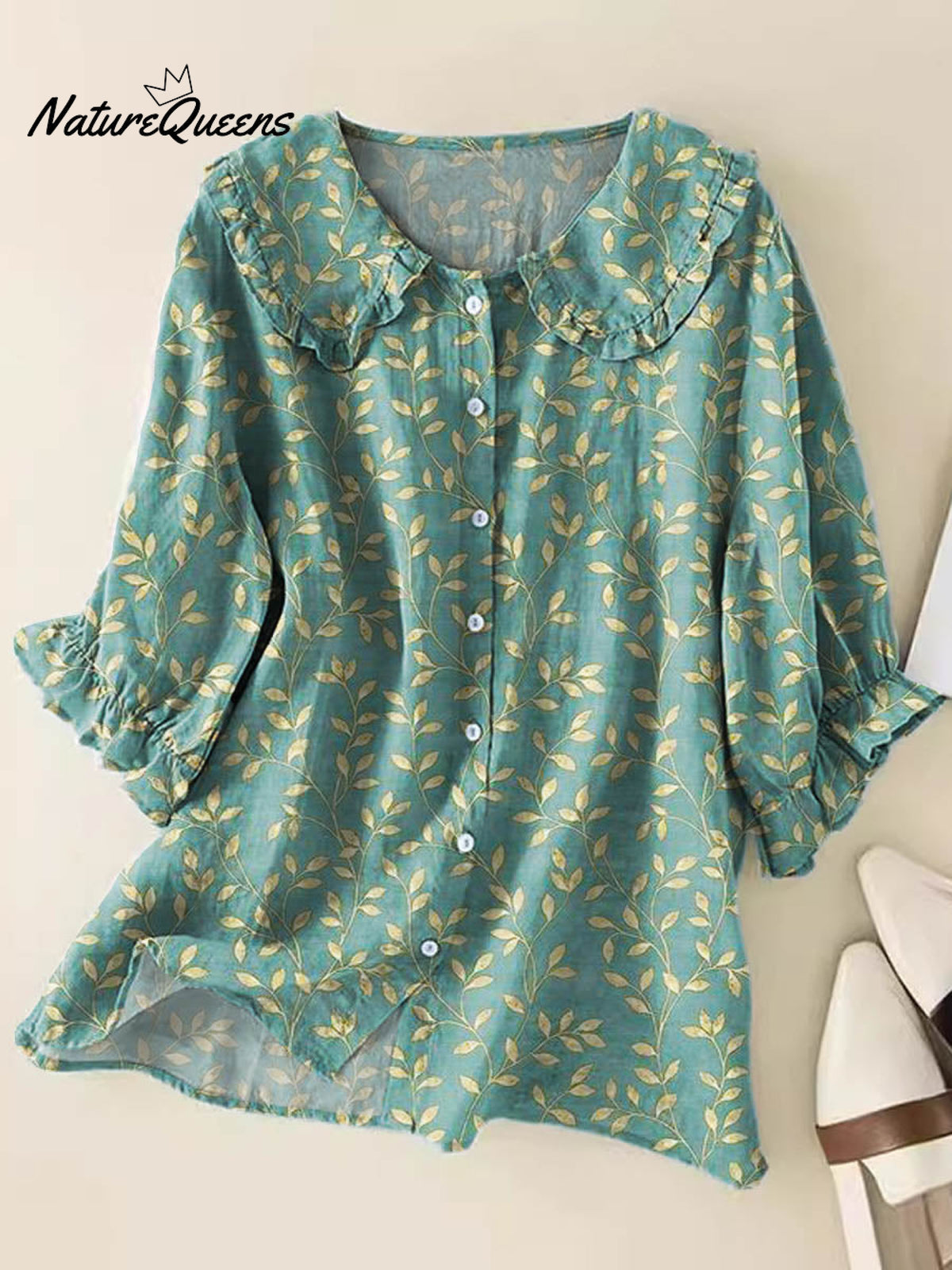 Women Lovely Floral Pattern Art Print Loose Peter Pan Collar Half Sleeve Blouses