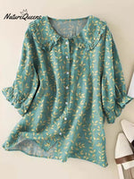 Women Lovely Floral Pattern Art Print Loose Peter Pan Collar Half Sleeve Blouses