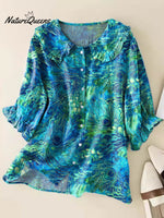 Women Lovely Peacock Feather Pattern Art Print Loose Peter Pan Collar Half Sleeve Blouses