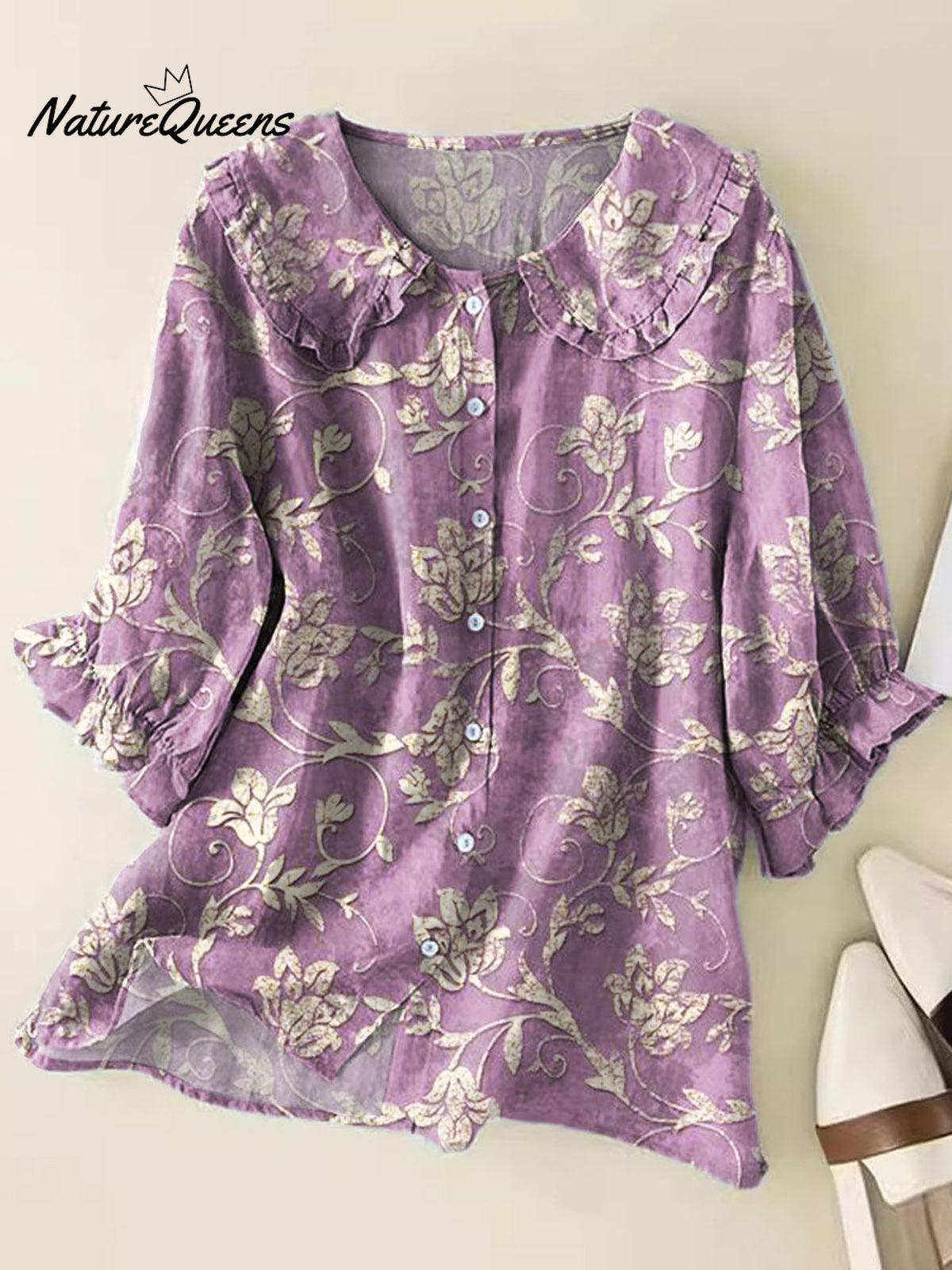 Women Lovely Floral Pattern Art Print Loose Peter Pan Collar Half Sleeve Blouses