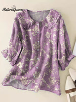 Women Lovely Floral Pattern Art Print Loose Peter Pan Collar Half Sleeve Blouses