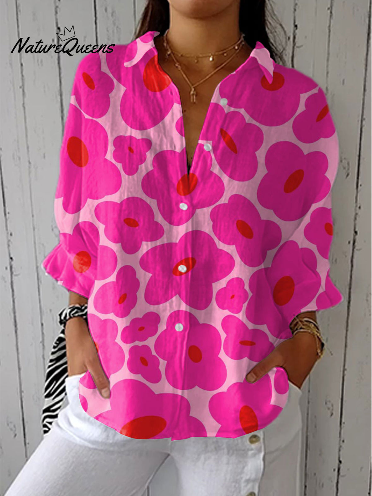 Women's Lovely Floral Art Print Casual Cotton Linen V-neck Shirt