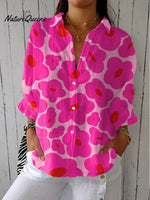 Women's Lovely Floral Art Print Casual Cotton Linen V-neck Shirt