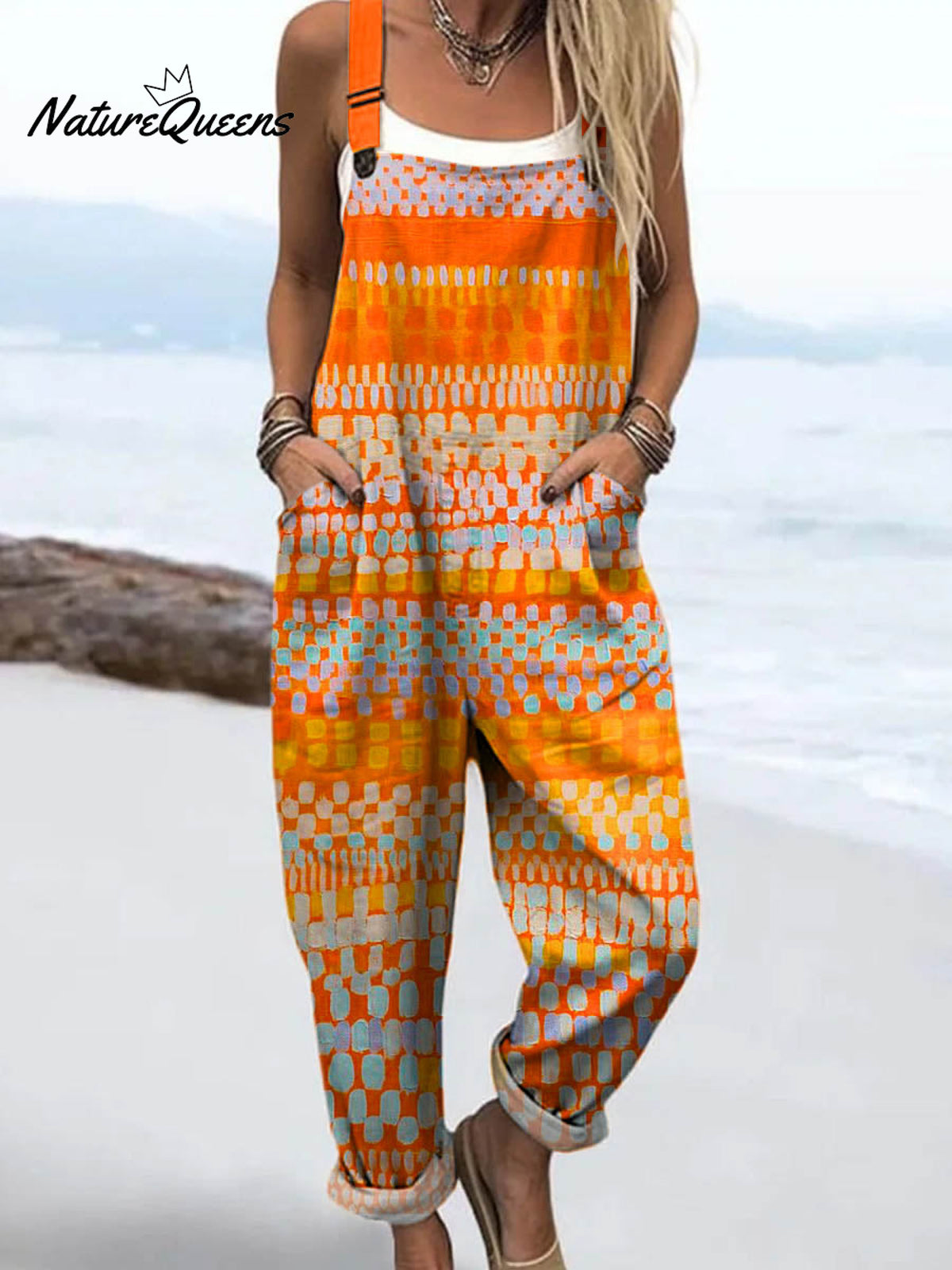 Women's Abstract Geometric Pattern Art Print Casual 100% Cotton Wide Leg Jumpsuit