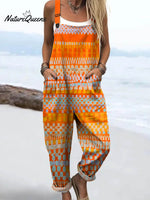 Women's Abstract Geometric Pattern Art Print Casual 100% Cotton Wide Leg Jumpsuit