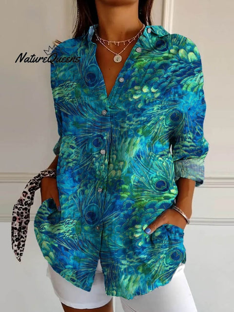 Women's Peacock Feather Pattern Art Print Casual Cotton Linen V-neck Shirt