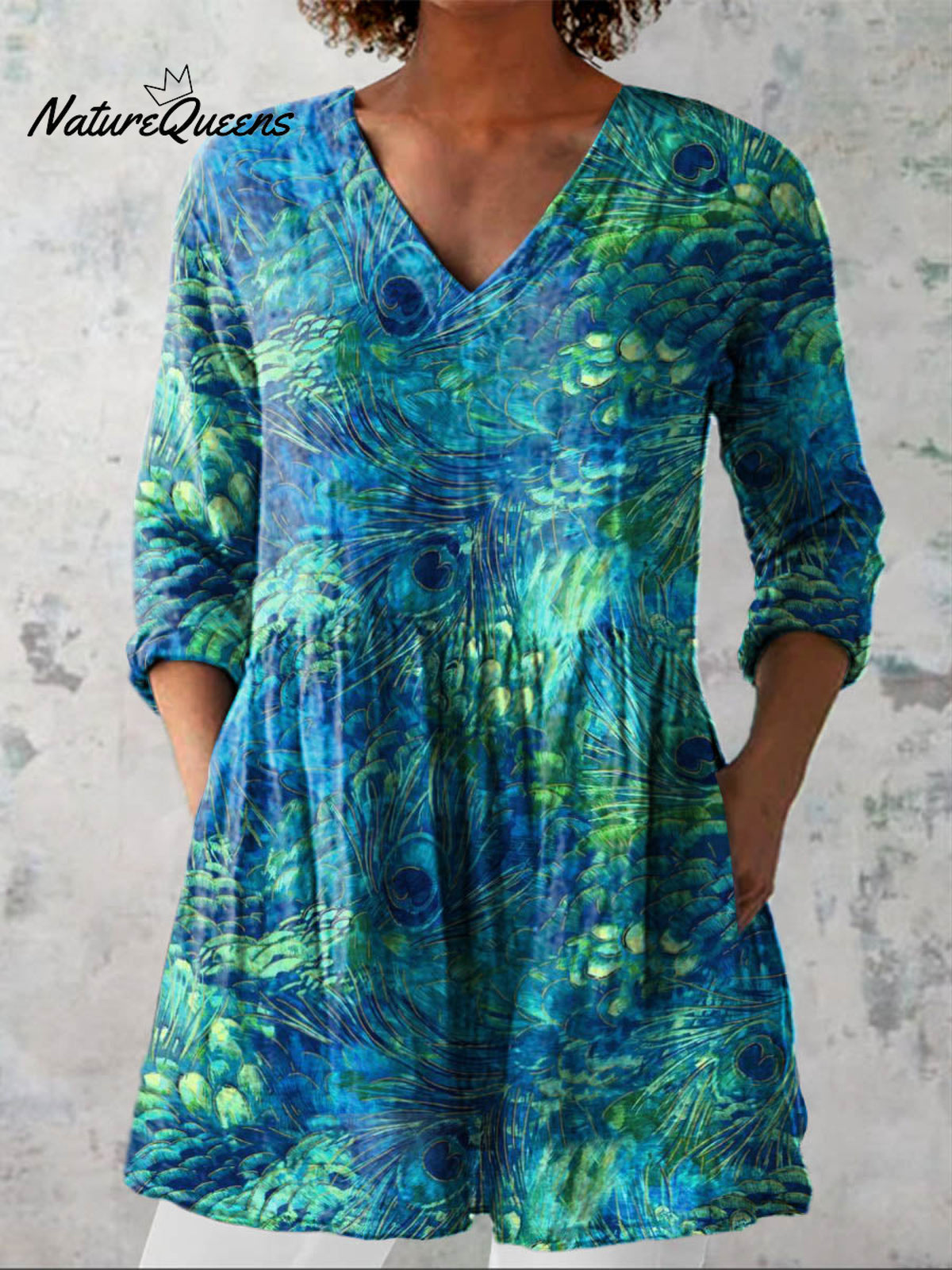 Women's Lovely Peacock Feather Pattern Art Print Casual Cotton Linen V-neck Shirt