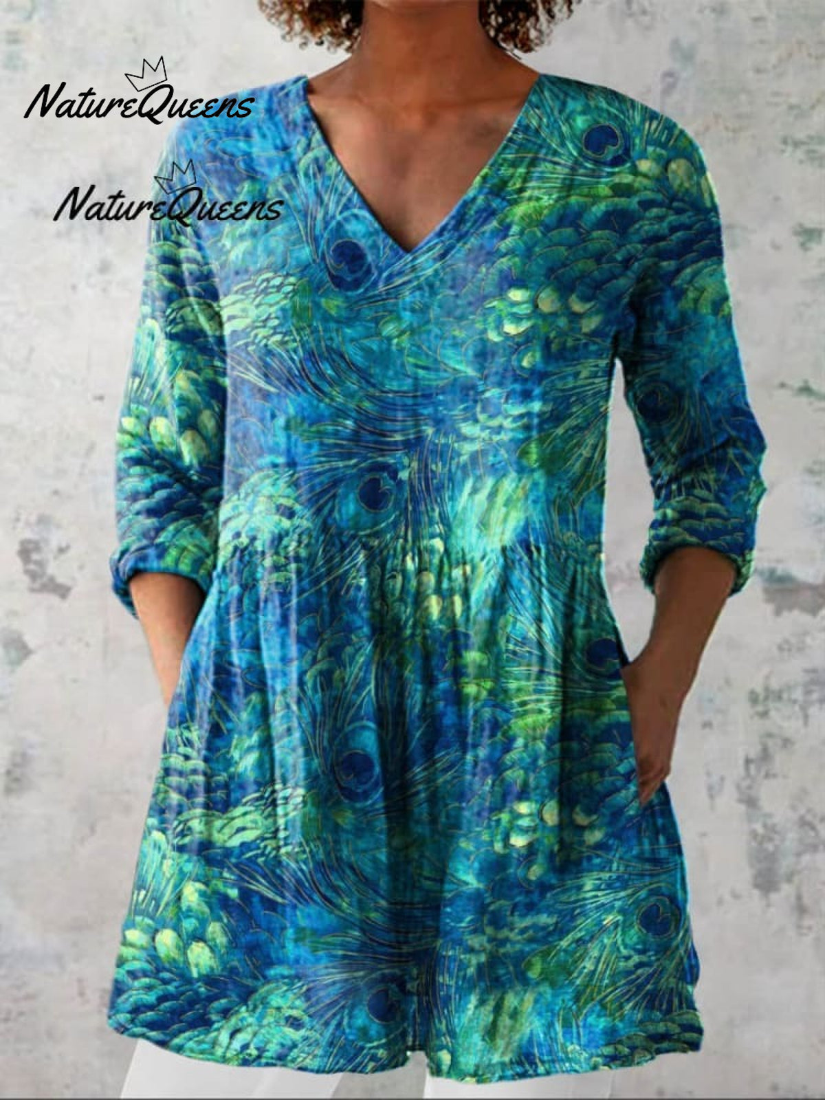 Women's Peacock Feather Pattern Art Print Casual Cotton Linen V-neck Shirt