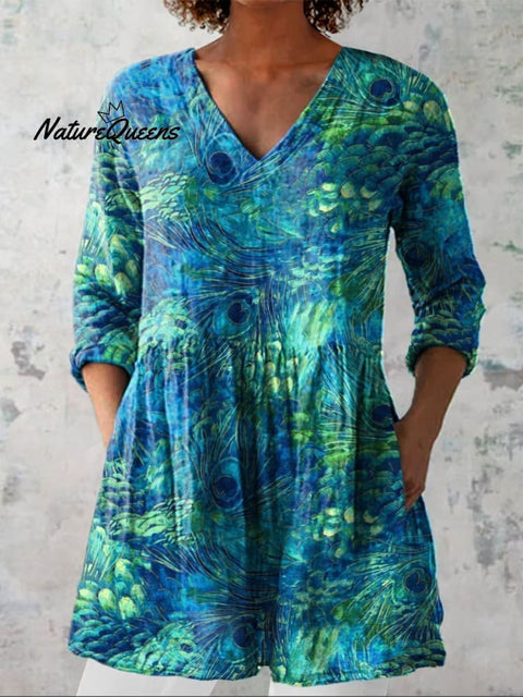 Women's Peacock Feather Pattern Art Print Casual Cotton Linen V-neck Shirt