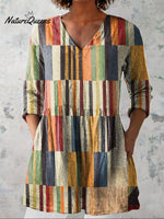 Women's Abstract Geometric Pattern Art Print Casual Cotton Linen V-neck Shirt