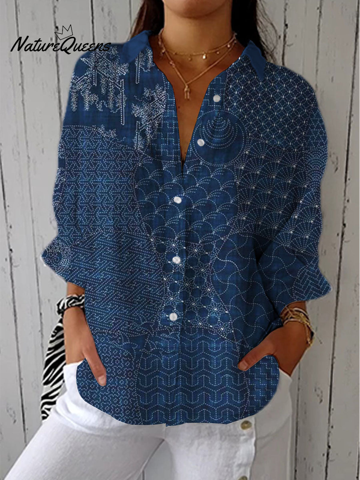 Women's Vintage Abstract Pattern Art Print Casual Cotton Linen V-neck Shirt