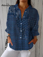 Women's Vintage Abstract Pattern Art Print Casual Cotton Linen V-neck Shirt