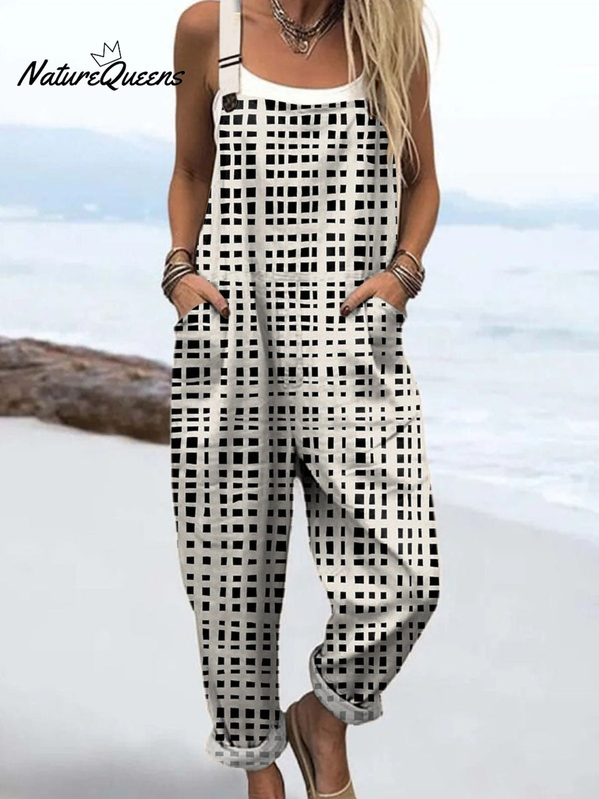 Women's Plaid Pattern Art Print Casual 100% Cotton Wide Leg Jumpsuit