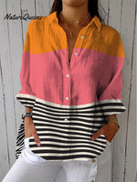 Women's Abstract Line Pattern Art Print Casual Cotton Linen V-neck Shirt