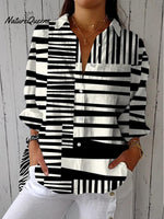 Women's Abstract Geometric Line Pattern Art Print Casual Cotton Linen V-neck Shirt