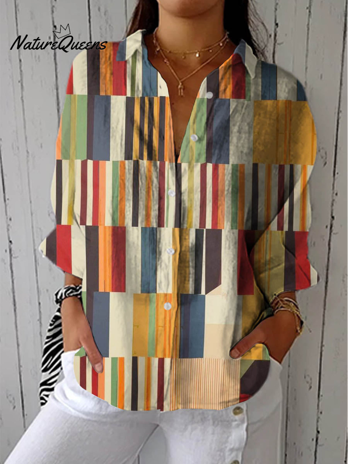 Women's Abstract Geometric Pattern Art Print Casual Cotton Linen V-neck Shirt