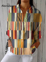 Women's Abstract Geometric Pattern Art Print Casual Cotton Linen V-neck Shirt