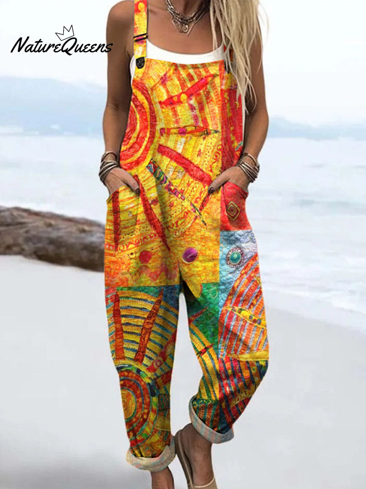 Women's Abstract Patchwork Pattern Art Print Casual 100% Cotton Wide Leg Jumpsuit